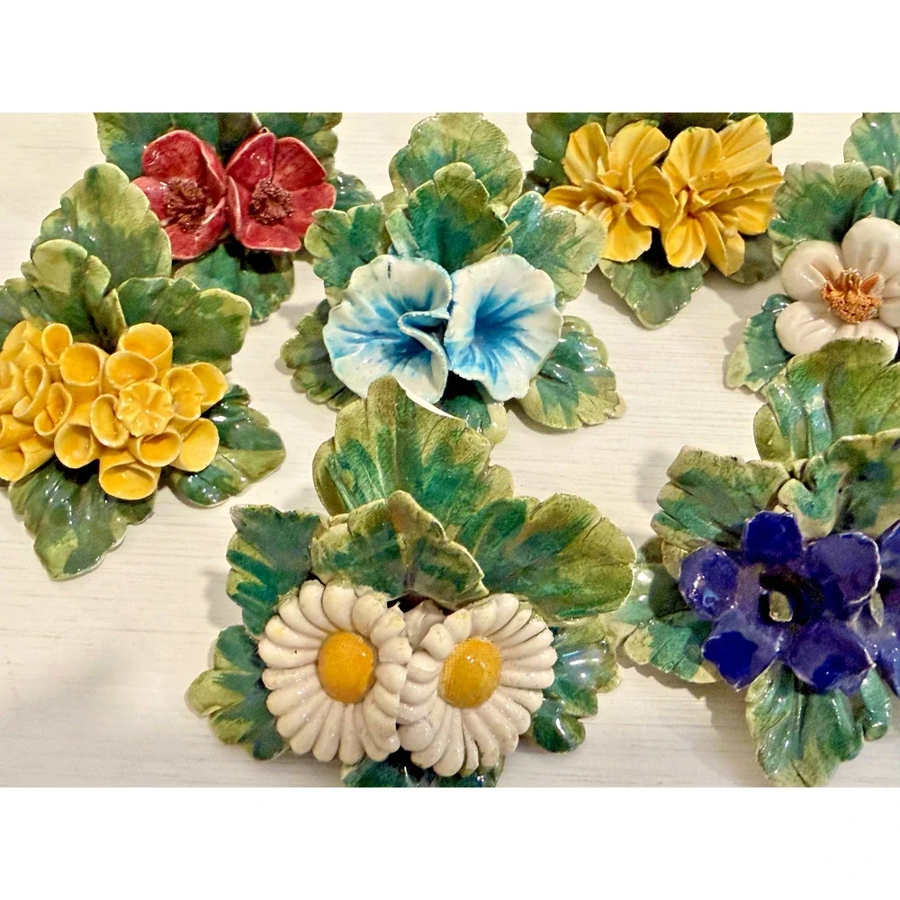 Vintage Italian Ceramic Floral Place Card Holders Set of 16 Italy 1950s Cottage